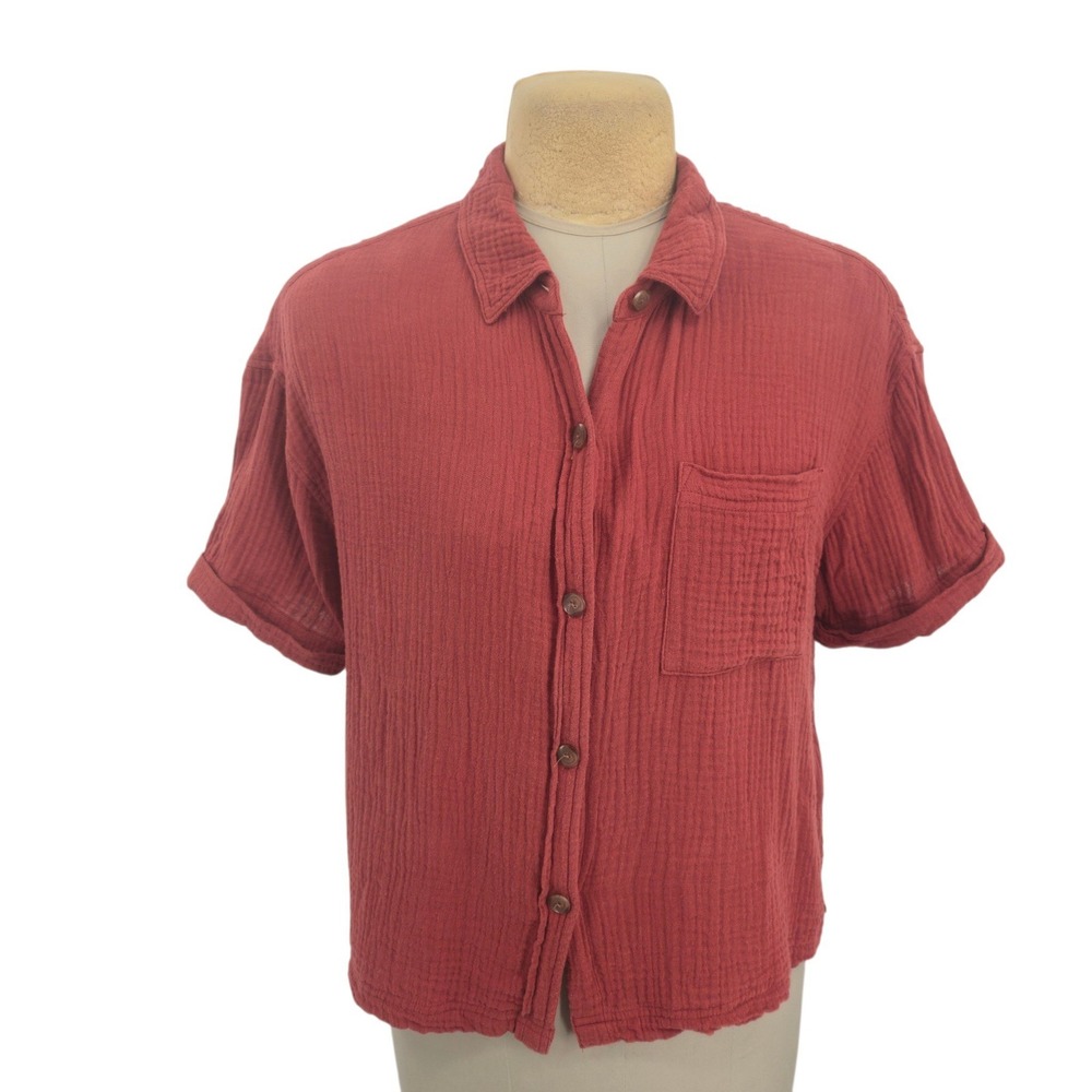 Pendleton Button Down Shirt Womens Large Red Cotton Gauze Short Sleeve Casual